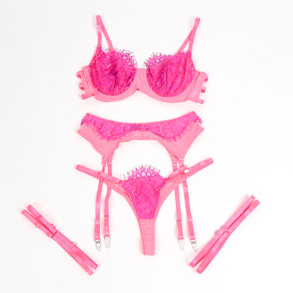 SUBBLIME Conjunto Lingerie Renda Ligas Rosa Roxo S/M com detalhes de renda de cílios e design emendado