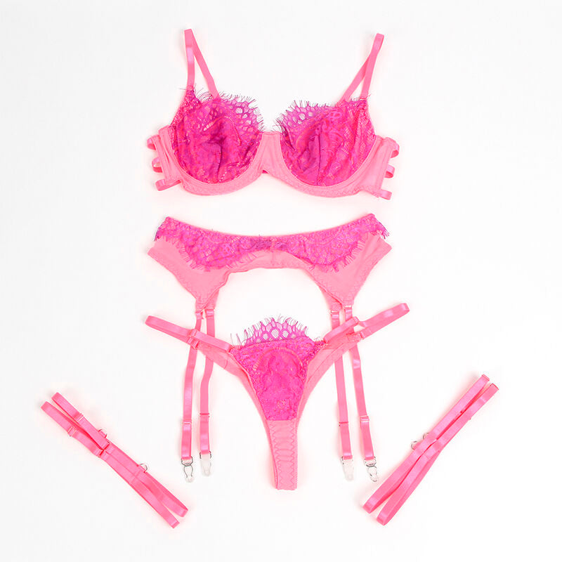 SUBBLIME Conjunto Lingerie Renda Ligas Rosa Roxo S/M com detalhes de renda de cílios e design emendado