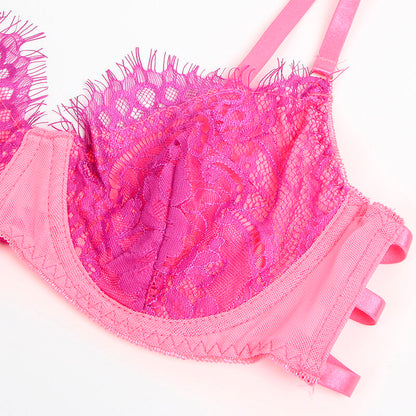 SUBBLIME Conjunto Lingerie Renda Ligas Rosa Roxo S/M com detalhes de renda de cílios e design emendado