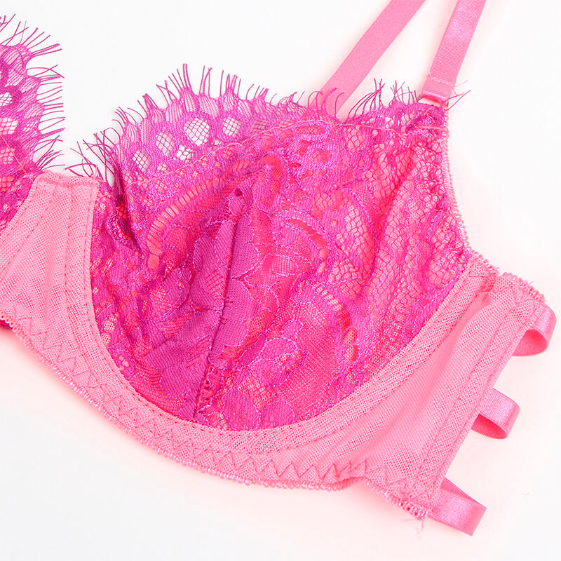 SUBBLIME Conjunto Lingerie Renda Ligas Rosa Roxo S/M com detalhes de renda de cílios e design emendado