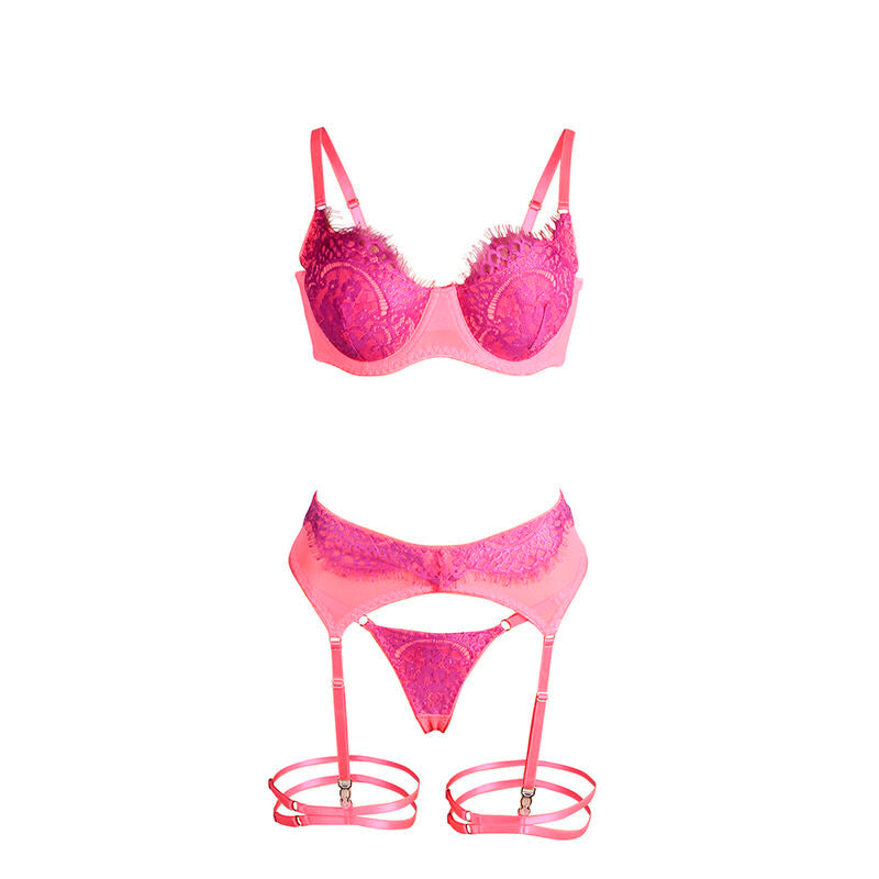 SUBBLIME Conjunto Lingerie Renda Ligas Rosa Roxo S/M com detalhes de renda de cílios e design emendado