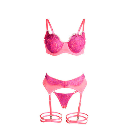 SUBBLIME Conjunto Lingerie Renda Ligas Rosa Roxo S/M com detalhes de renda de cílios e design emendado