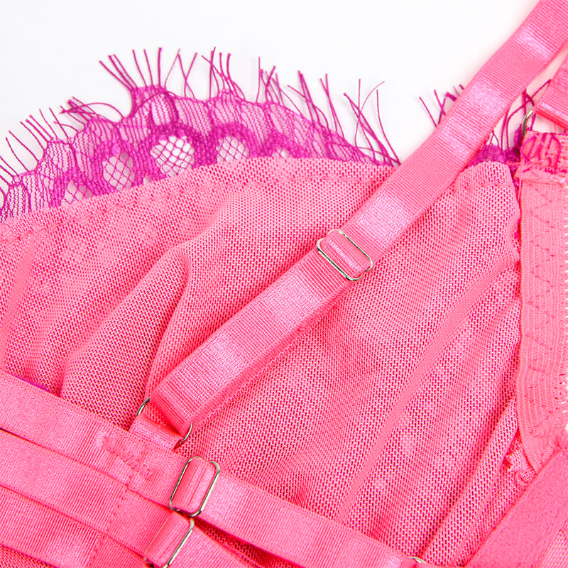 SUBBLIME Conjunto Lingerie Renda Ligas Rosa Roxo S/M com detalhes de renda de cílios e design emendado