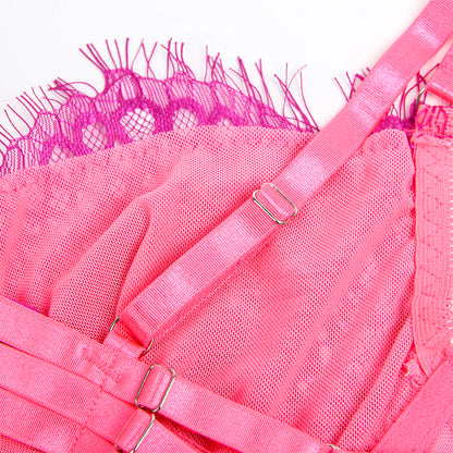 SUBBLIME Conjunto Lingerie Renda Ligas Rosa Roxo S/M com detalhes de renda de cílios e design emendado