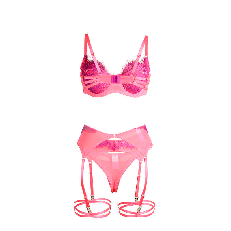 SUBBLIME Conjunto Lingerie Renda Ligas Rosa Roxo S/M com detalhes de renda de cílios e design emendado