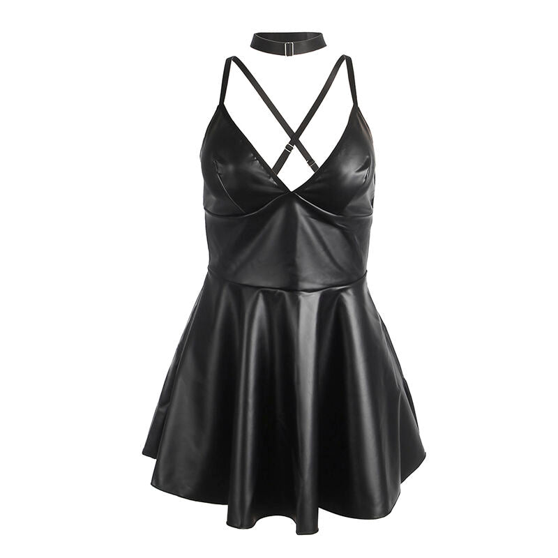 SUBBLIME Vestido com Alças Couro PU Preto, destacando a textura e o design sensual