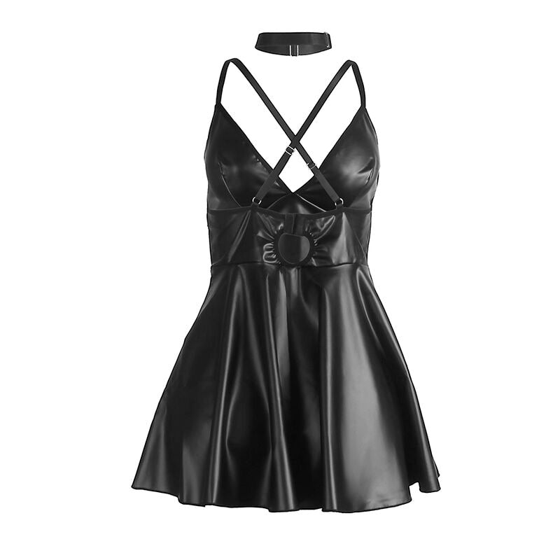 SUBBLIME Vestido com Alças Couro PU Preto, destacando a textura e o design sensual