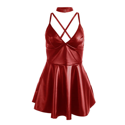 Vestido com Alças SUBBLIME em Couro PU Bordô L/XL, com design sensual e detalhes luxuosos.
