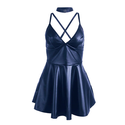 SUBBLIME Vestido Sexy com Alças Couro PU Azul L/XL, mostrando detalhes do material e design.