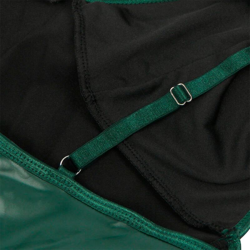 Vestido SUBBLIME com alças de couro PU verde S/M, exibindo design sensual e material macio.