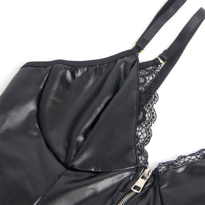 Body Lingerie SUBBLIME de Renda e Couro PU Preto com Zíper