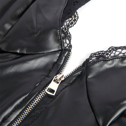 Body Lingerie SUBBLIME de Renda e Couro PU Preto com Zíper