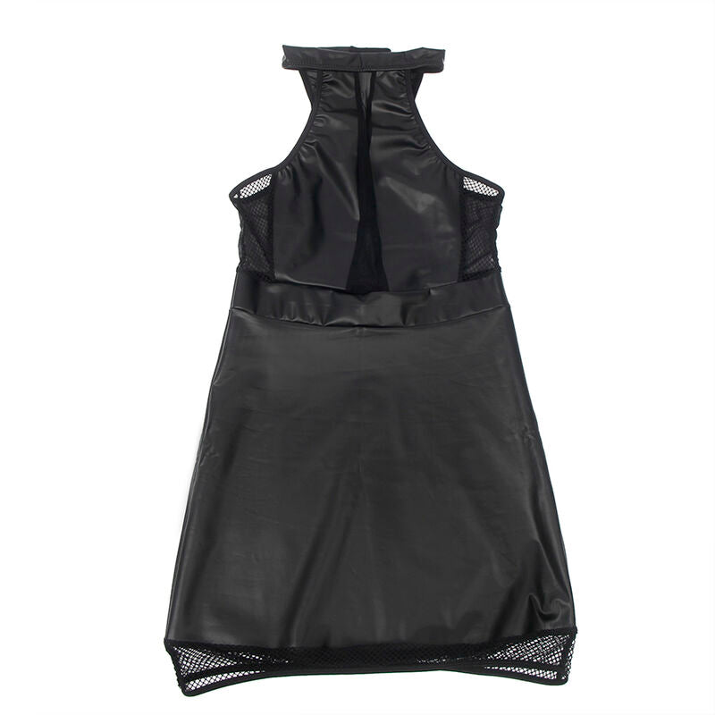 Vestido Decote Halter SUBBLIME com transparências e detalhes em couro PU, exibindo o design elegante e provocante.