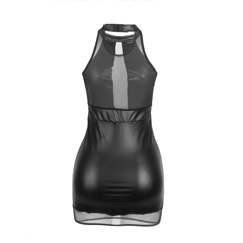 Vestido Decote Halter SUBBLIME com transparências e detalhes em couro PU, exibindo o design elegante e provocante.