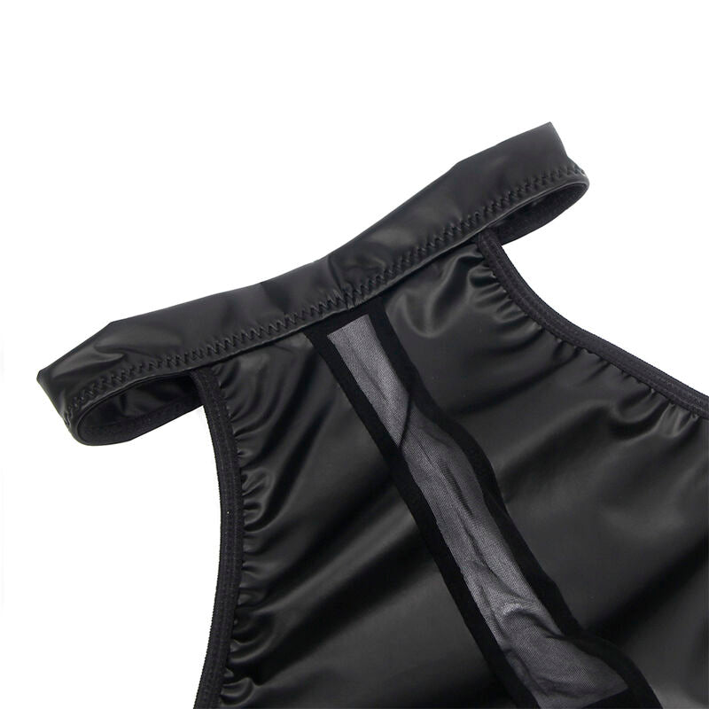 Vestido Lingerie Decote Halter SUBBLIME com transparências pretas e detalhes em couro PU