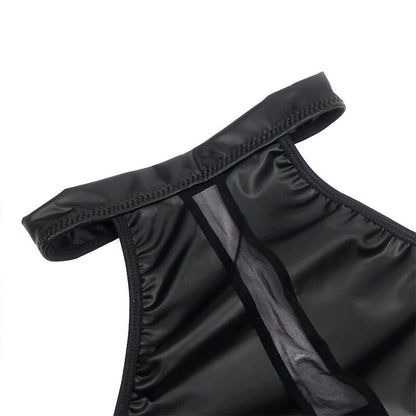 Vestido Lingerie Decote Halter SUBBLIME com transparências pretas e detalhes em couro PU