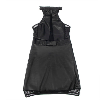 Vestido Lingerie Decote Halter SUBBLIME com transparências pretas e detalhes em couro PU