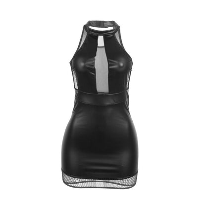 Vestido Lingerie Decote Halter SUBBLIME com transparências pretas e detalhes em couro PU