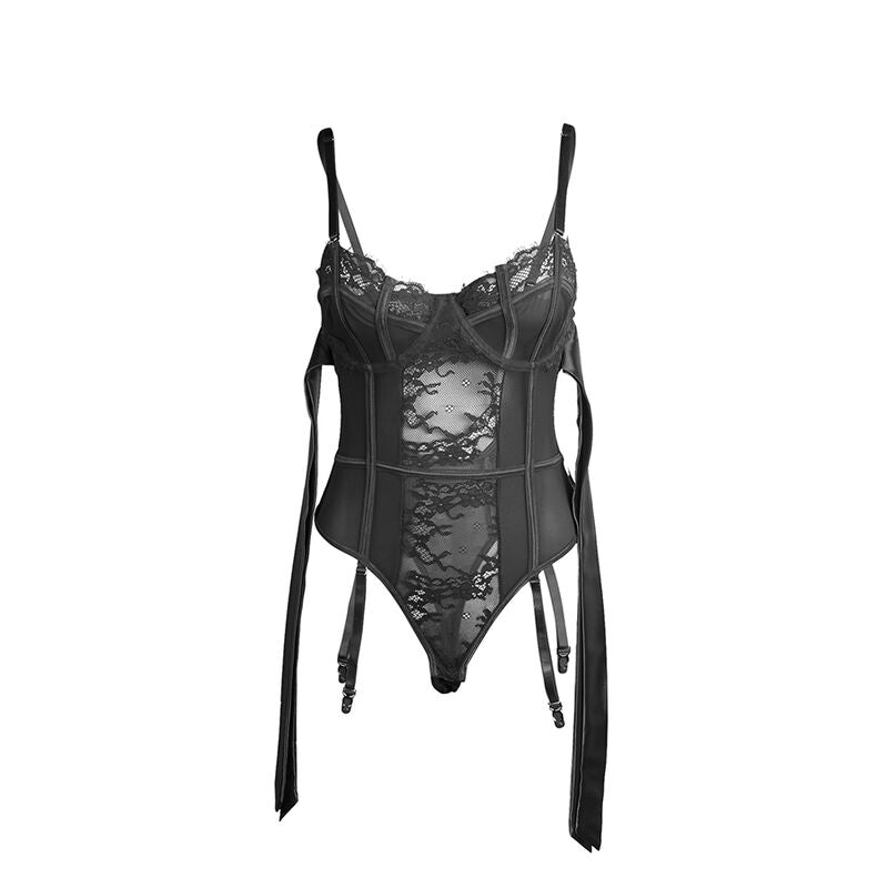 SUBBLIME Body de Renda com Laços e Ligas Preto L/XL, detalhe da renda e design elegante.