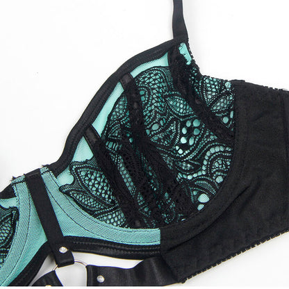 Close-up do Conjunto de Lingerie SUBBLIME Renda e Malha Verde com Sutiã Push-up S/M, mostrando detalhes do tecido e design.