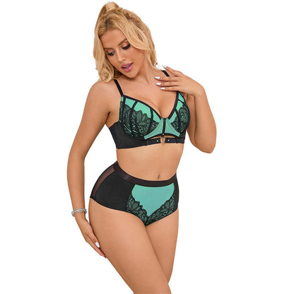 Close-up do Conjunto de Lingerie SUBBLIME Renda e Malha Verde com Sutiã Push-up S/M, mostrando detalhes do tecido e design.