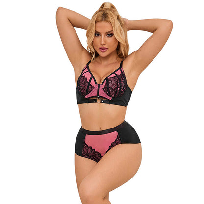 Conjunto de Lingerie SUBBLIME de Renda e Malha Rosa com Sutiã Push-up, tamanho P/M.