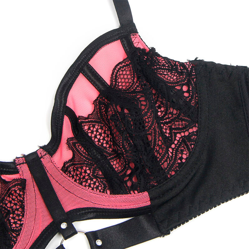 Conjunto de Lingerie SUBBLIME de Renda e Malha Rosa com Sutiã Push-up, tamanho P/M.