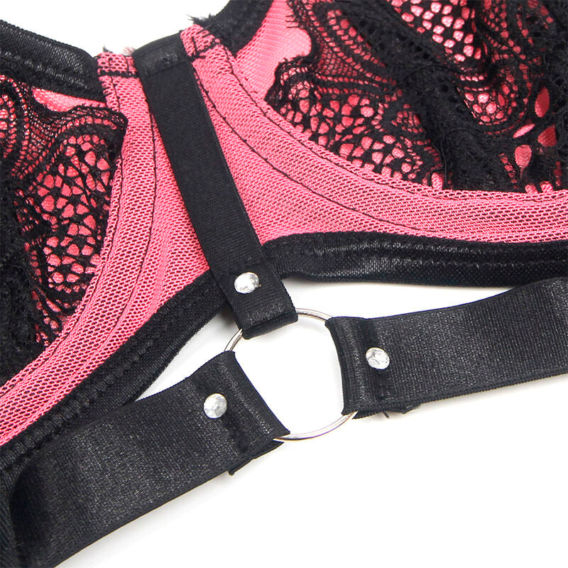 Conjunto de Lingerie SUBBLIME de Renda e Malha Rosa com Sutiã Push-up, tamanho P/M.