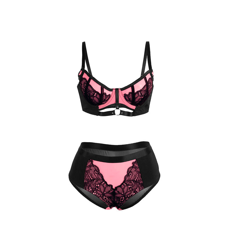 Conjunto de Lingerie SUBBLIME Rosa de Renda e Malha com Sutiã Push-up, destacando o design delicado e os detalhes sensuais.