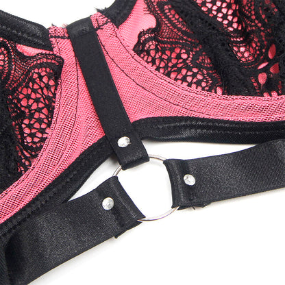 Conjunto de Lingerie SUBBLIME Rosa de Renda e Malha com Sutiã Push-up, destacando o design delicado e os detalhes sensuais.