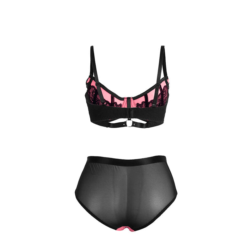 Conjunto de Lingerie SUBBLIME Rosa de Renda e Malha com Sutiã Push-up, destacando o design delicado e os detalhes sensuais.