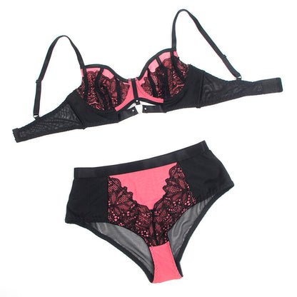 Conjunto de Lingerie SUBBLIME Rosa de Renda e Malha com Sutiã Push-up, destacando o design delicado e os detalhes sensuais.
