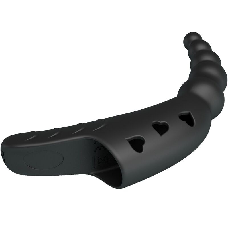 Close-up do Vibrador de Dedo Jordin PRETTY LOVE, mostrando o design ergonómico em silicone preto e detalhes.