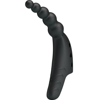 Close-up do Vibrador de Dedo Jordin PRETTY LOVE, mostrando o design ergonómico em silicone preto e detalhes.