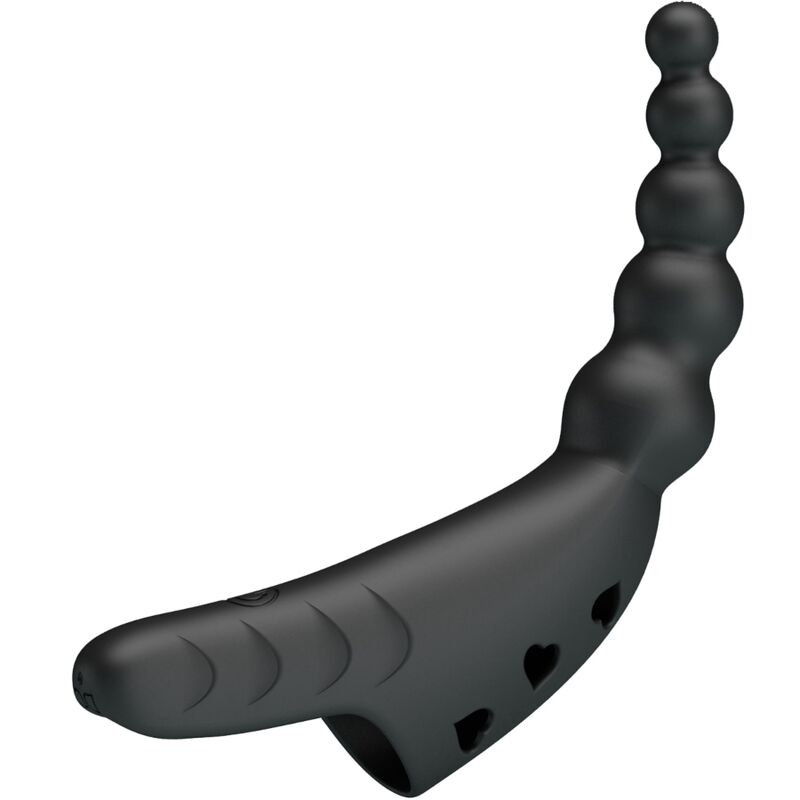 Close-up do Vibrador de Dedo Jordin PRETTY LOVE, mostrando o design ergonómico em silicone preto e detalhes.