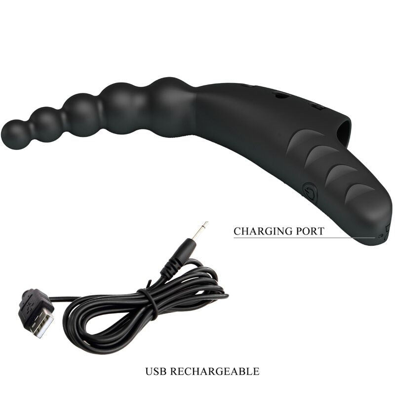 Close-up do Vibrador de Dedo Jordin PRETTY LOVE, mostrando o design ergonómico em silicone preto e detalhes.