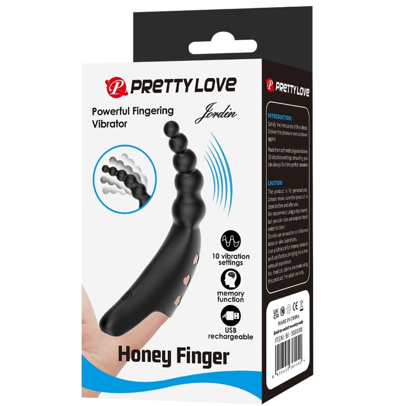 Close-up do Vibrador de Dedo Jordin PRETTY LOVE, mostrando o design ergonómico em silicone preto e detalhes.