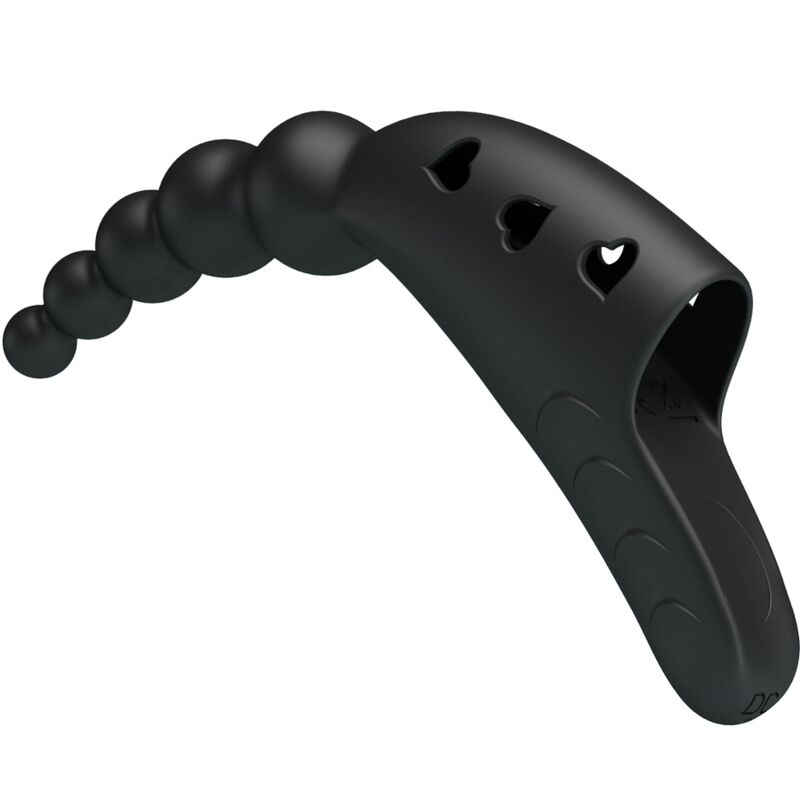 Close-up do Vibrador de Dedo Jordin PRETTY LOVE, mostrando o design ergonómico em silicone preto e detalhes.