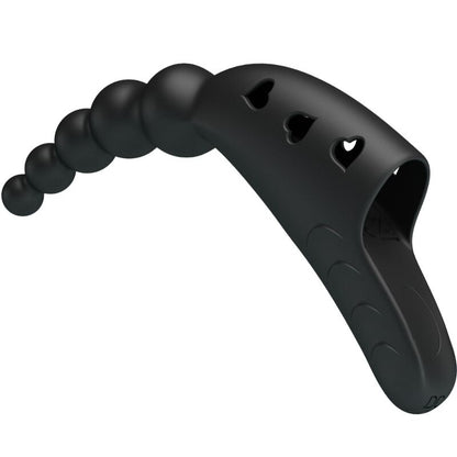 Close-up do Vibrador de Dedo Jordin PRETTY LOVE, mostrando o design ergonómico em silicone preto e detalhes.
