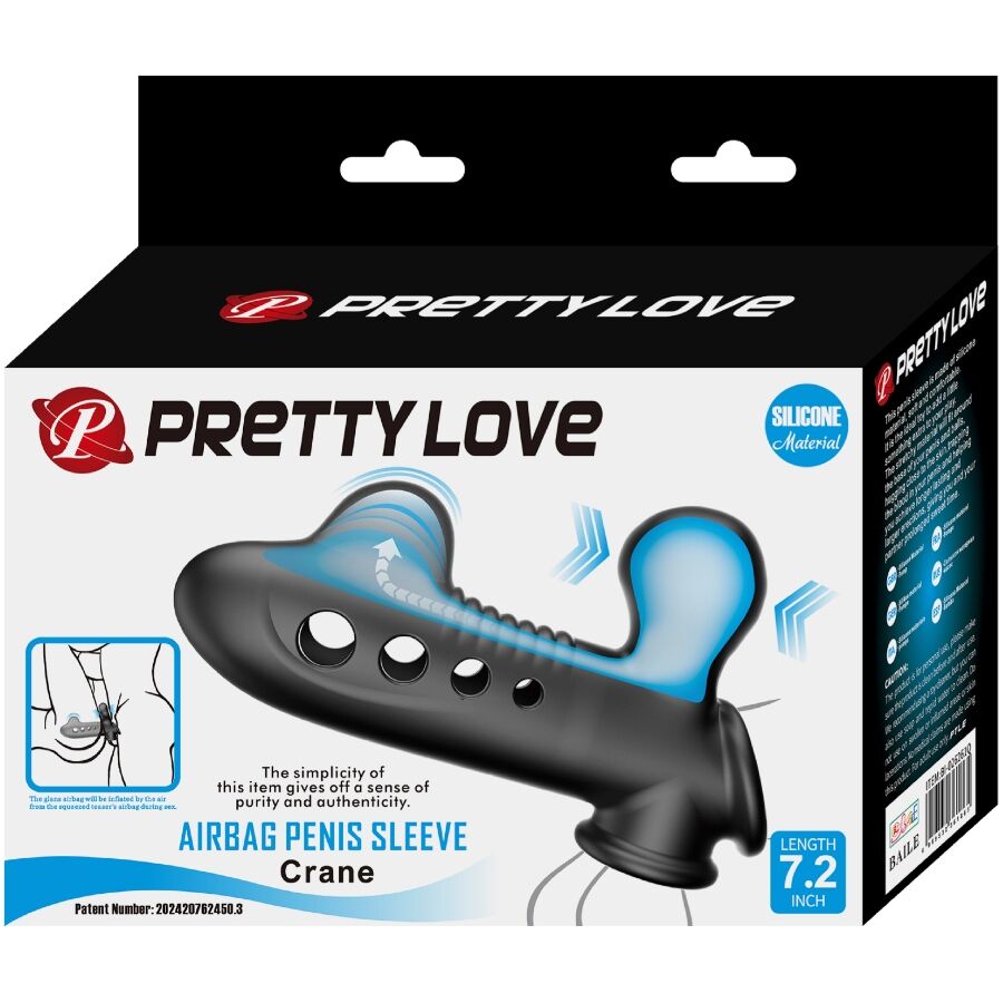 Close-up da Manga Peniana PRETTY LOVE Crane com Airbag Inflável Preta, mostrando detalhes e textura de silicone.
