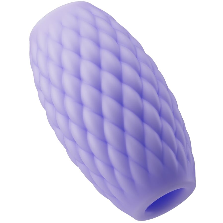 Masturbador masculino PRETTY LOVE Athena Eros Roxo em silicone, mostrando a dupla entrada e textura interna para estimulação.