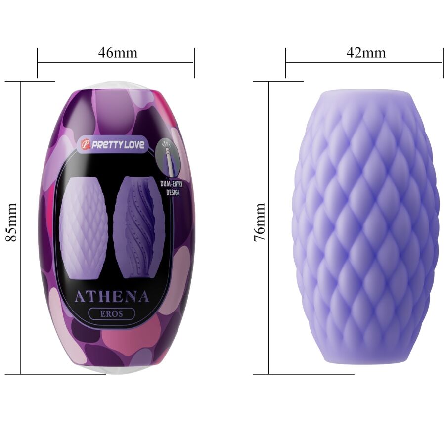 Masturbador masculino PRETTY LOVE Athena Eros Roxo em silicone, mostrando a dupla entrada e textura interna para estimulação.