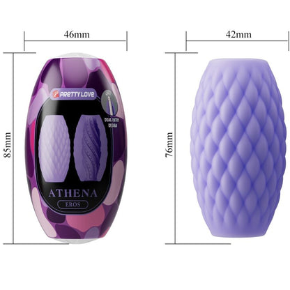 Masturbador masculino PRETTY LOVE Athena Eros Roxo em silicone, mostrando a dupla entrada e textura interna para estimulação.