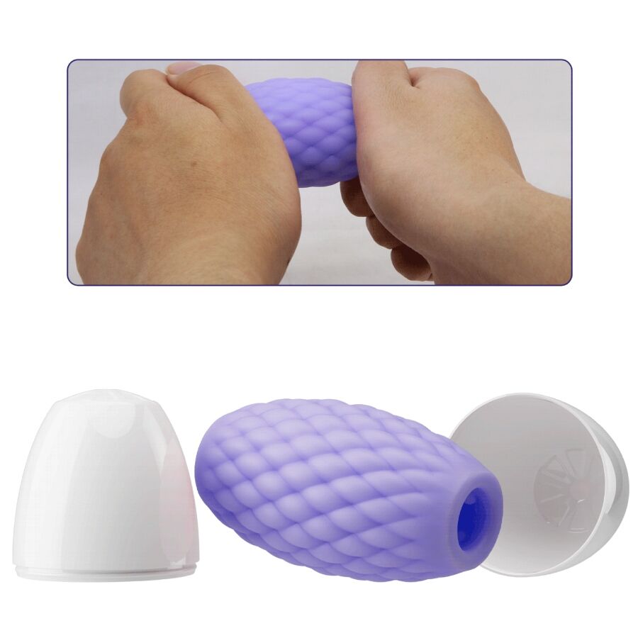 Masturbador masculino PRETTY LOVE Athena Eros Roxo em silicone, mostrando a dupla entrada e textura interna para estimulação.