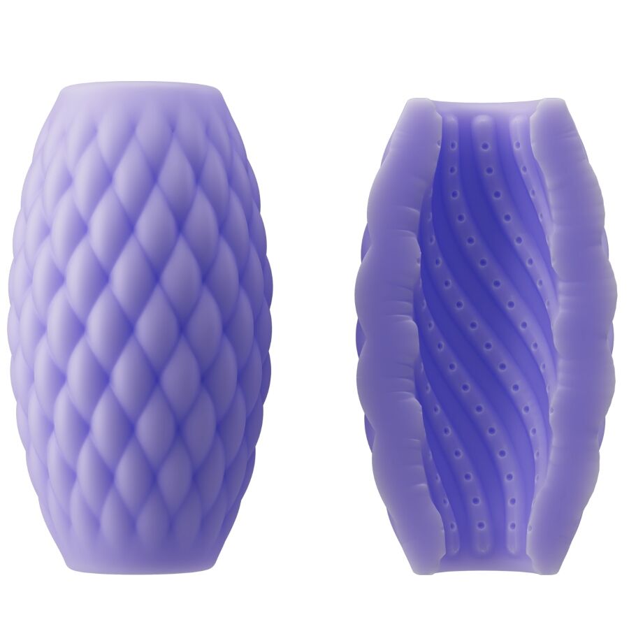 Masturbador masculino PRETTY LOVE Athena Eros Roxo em silicone, mostrando a dupla entrada e textura interna para estimulação.