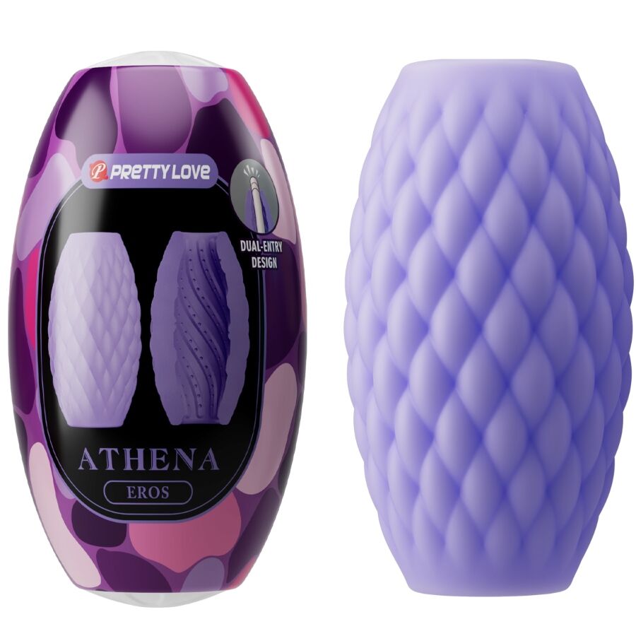 Masturbador masculino PRETTY LOVE Athena Eros Roxo em silicone, mostrando a dupla entrada e textura interna para estimulação.