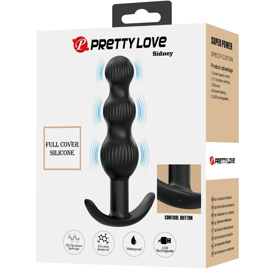 Vibrador anal PRETTY LOVE Sidney preto com design ergonómico e 10 funções de vibração.