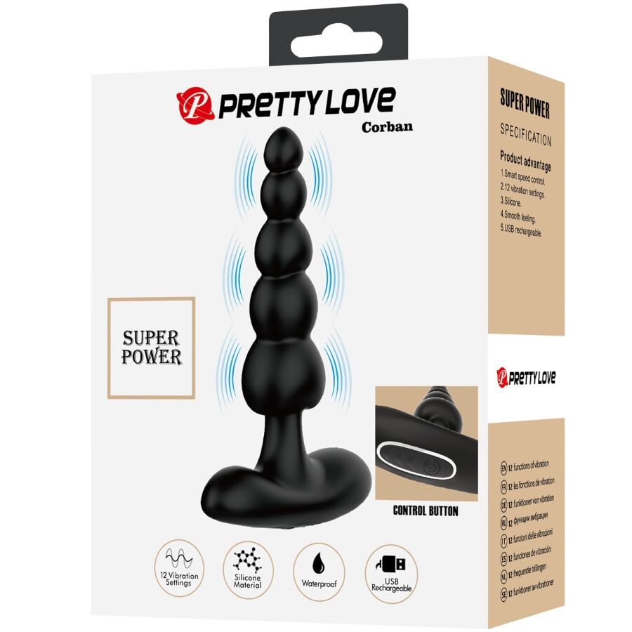 PRETTY LOVE Vibrador Anal Corban com 10 Vibrações em silicone preto, design flexível e ergonómico.