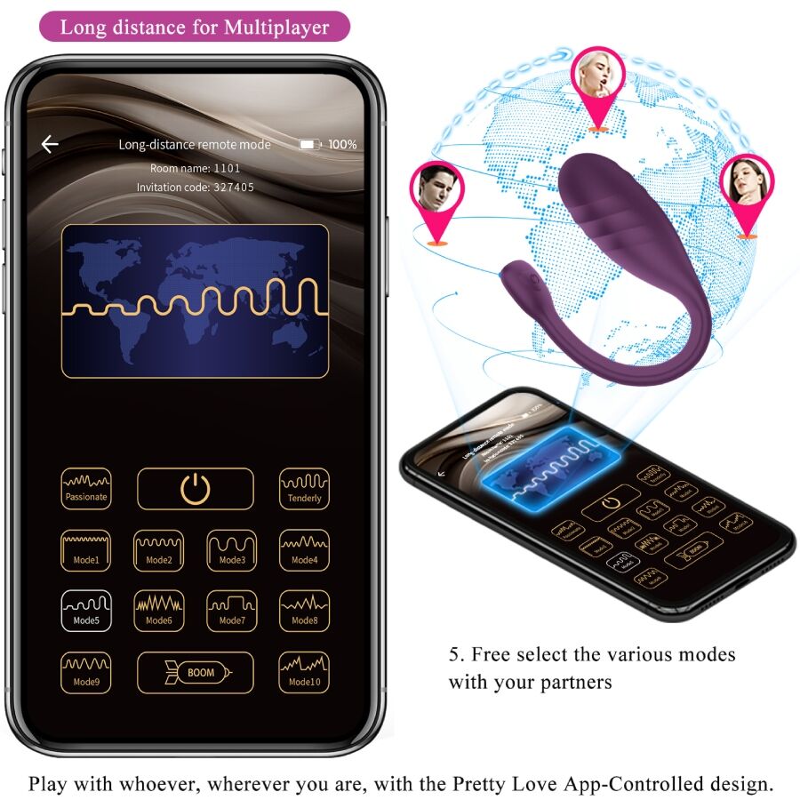 Close-up of the PRETTY LOVE Vibrador Controlado por Aplicativo Leviathan Roxo showing its design and silicone texture.
