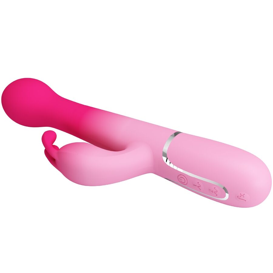 Close-up do PRETTY LOVE Vibrador Rabbit Multifuncional 3 em 1, destacando seu design ergonômico em silicone rosa e as diferentes texturas para estimulação.